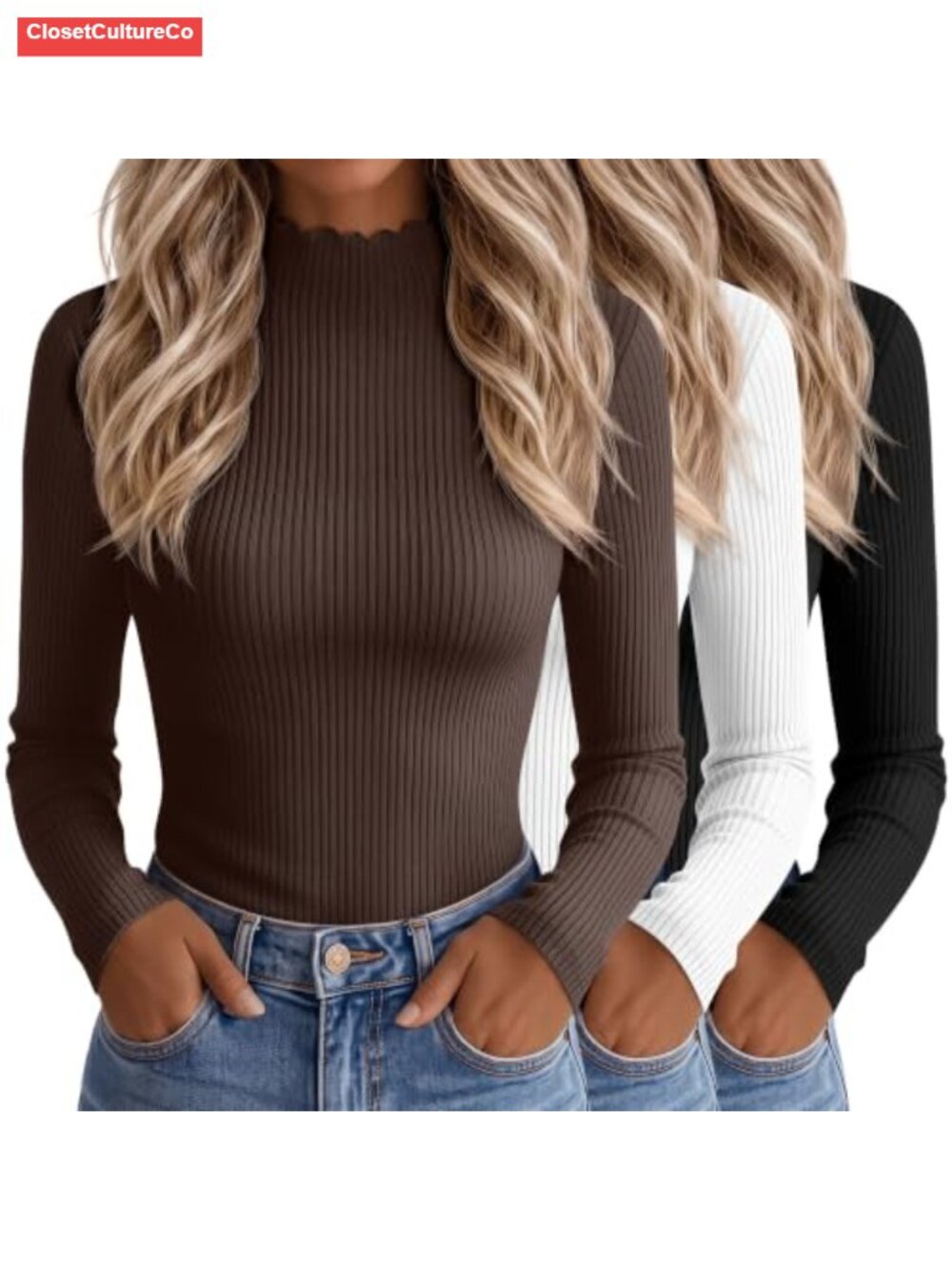 Cotton Ribbed Mockneck Long Sleeve Tops Lettuce Trim Layering 3 Pack